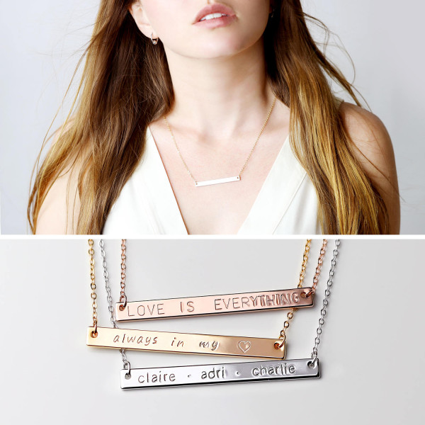 Custom Name Bar Necklace Bridesmaid Gift Monogram Necklace Sorority Necklace Initials Custom Coordinates Valentine/'s Gift