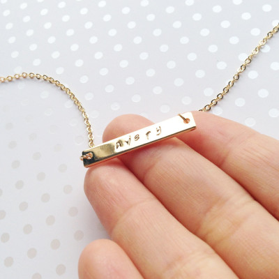 Personalized Hand Stamped Gold Bar Necklace - Dainty Initial Gold Bar Necklace - Hand Stamped Long Charm - Personalized Graduation Gift