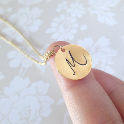 Personalized Hand Stamped Gold Round Disc Necklace - Initial Pendant Necklace - Dainty Hand Stamped Name Plate - Bridesmaid Gift
