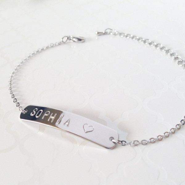 name plate bracelet - Hand Stamped Name Plate Silver Bar Bracelet - Initial Charm Bracelet - Dainty Personalized Bracelet - Bridesmaid Gift