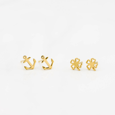 Anchor Stud Earrings - Clover Stud Earrings - Cute Stud Earrings - Minimal Gold Earrings - Gold Earrings - Gold Cute Earrings