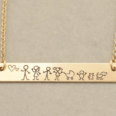 Custom Gold Bar Name Necklace - Stick Figure Family - Engraved Bar Necklace - Engraved - Monogram Necklace - Stick Figure Family - Valentines Day