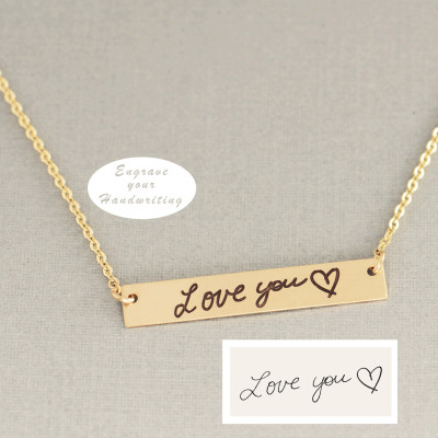 Gold Bar Necklace - Handwritten Horizontal Bar Necklace - YOUR HANDWRITING - or text - Sterling Silver - Gold or Rose Gold - Jewelry For Her