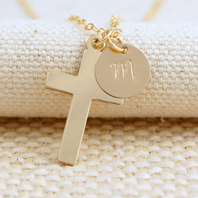 Gold Cross Necklace - Personalized Cross Necklace - Gold Filled - Dainty Necklace - Mother's Necklace - Initial Disc