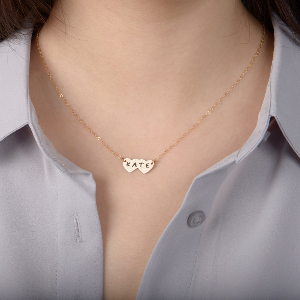 Gold Heart Necklace - Engraved Double Heart Necklace - Personalized Double Heart Necklace - Silver Heart Necklace - Bar Necklace - Valentines Day