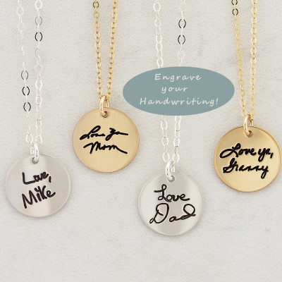 Personalized Disc - Handwritten Necklace - YOUR HANDWRITING - or Image - Sterling Silver - Gold or Rose Gold - Jewelry For Her