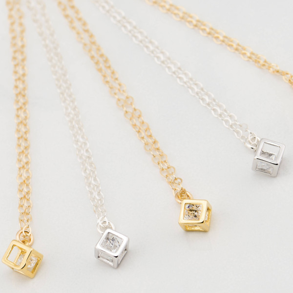 Silver or Gold Charm Necklace with CZ Crystal - Gold or Silver Layering Necklace - Square necklace - Cube Necklace -