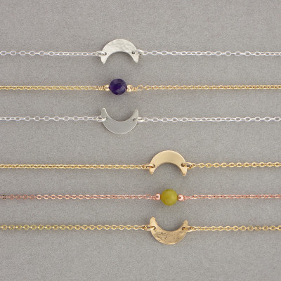 Tiny Moon Necklace · Gold or Silver Moon · Gold Crescent moon · Layering necklaces · Gemstone necklace · Sideways Moon