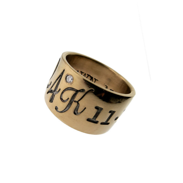 12mm Solid Gold Wedding Band Engraved with Bride and Groom Monogram Tube Ring with Diamonds