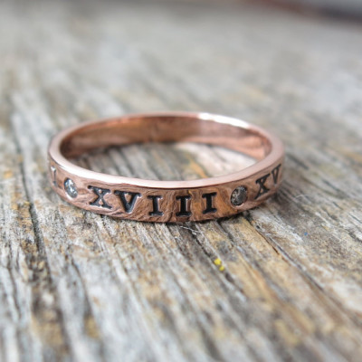 Gold Diamond Wedding Band Hand Stamped Roman Numeral Wedding Date Personalized Promis Ring Custom Engraved Artisan Handmade Fine Unisex