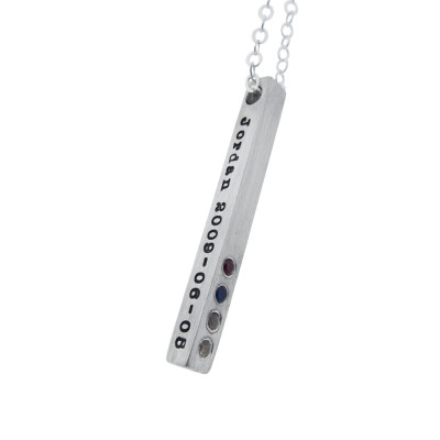 Birthstone Silver Square Bar Necklace Personalized Solid Sterling Bar Pendant Custom Hand Stamped Engraved Artisan Handmade Fine Jewelry