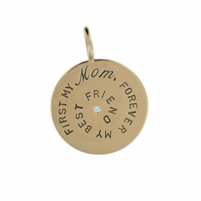 Custom Solid Gold Charm Personalized with White Diamond and Custom Handstamped Engraving 7 - 8" Disc 22mm Pendant Spiral Words