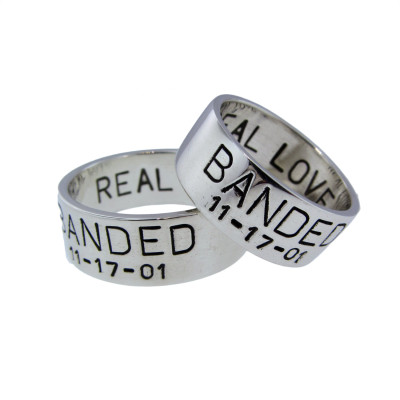 Custom Silver Duck Band Wedding Ring Set His Hers Rings Handstamped Date Names BANDED Handcrafted Rings Personalized Jewelry I Do Artisan
