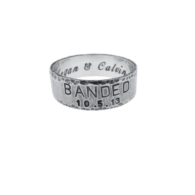 Custom Sterling Silver Banded Wedding Ring - Personalized Handstamped Handmade Engraved Handcrafted Jewelry Artisan Rugged Mens Fashion