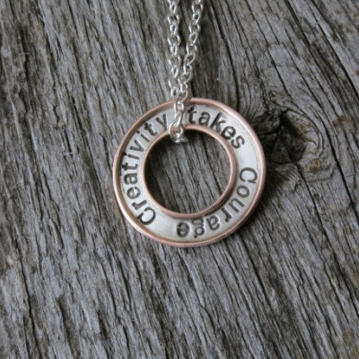 Framed Gold Washer Necklace Silver and Gold Mixed Metal Rimmed Ring Hand Stamped Personalized Unique Custom Engraved Artisan Jewellery