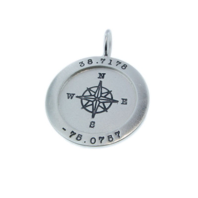 GPS Coordinate Jewelry - Silver Wide Rimmed Pendant - Custom Compass Rose by MetalPressions