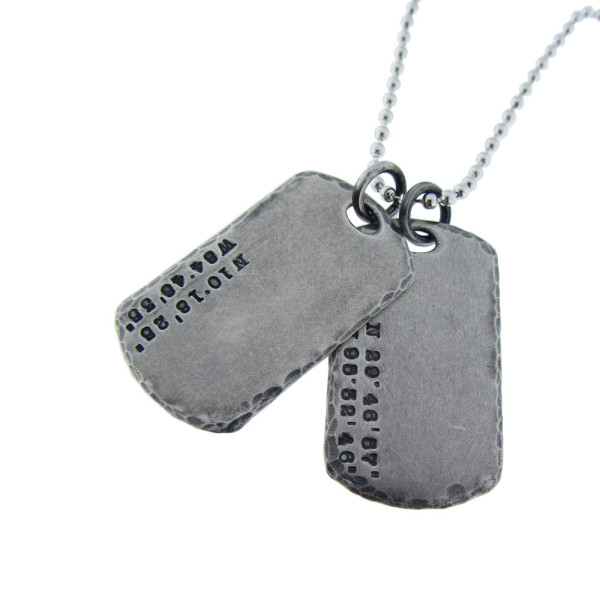 GPS Coordinate Silver Dog Tag for Him Hand Stamped Mens Jewelry Geo Location Charms Personalized Fathers Day Custom Handcrafted Gift Daddy