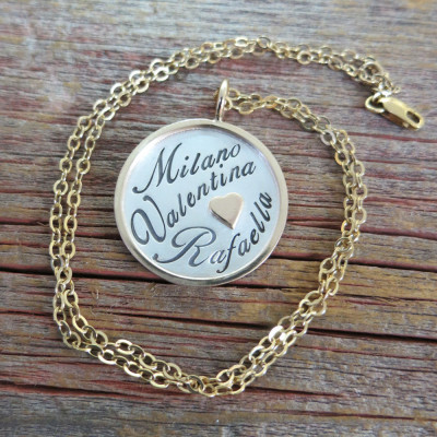 Gift for Her - Hand Stamped Charm Necklace Mixed Metals - Silver Jewellery with Gold Accents - Custom Disk - Personalized Jewelry - Proud Mama