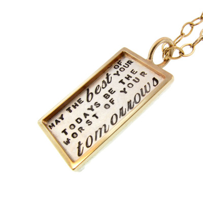 Gold Framed Silver Rectangle Pendant Necklace Hand Stamped Phrase Custom Personalized Commemorative Inspirational Jewelry Engraved Handmade