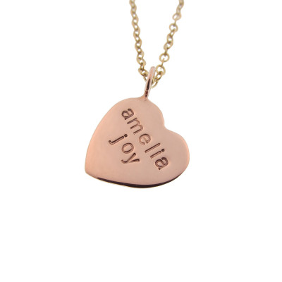 Gold Heart Necklace Hand Stamped Name Charm Personalized Custom Engraved Artisan Handmade Fine Designer Fashion Mother's Day Jewelry