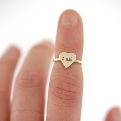 Gold Heart Ring with Diamond Hand Stamped Dates Initials Monogram Custom Personalized Love Ring Engraved Artisan Handmade Fine Jewelry