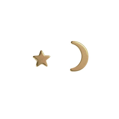 Gold Moon & Star Stud Earrings Gold Hand Crafted Custom Engraved Artisan Handmade Personalzied Fine Designer Fashion Jewelry