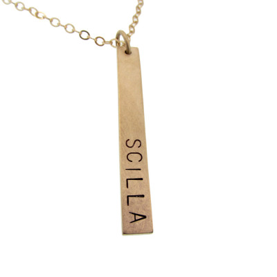 Gold Nameplate Necklace Custom Vertical Flat ID Tag 1.25" Personalized Jewelry 18mm x 5mm gold bar