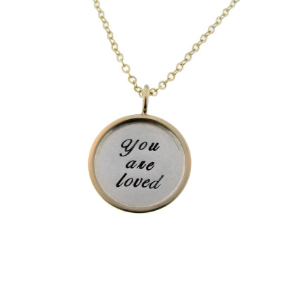 Gold Rimmed Silver Love Charm Necklace Hand Stamped Phrase You Are Loved Mixed Metal Custom Personalized Jewelry Engraved Artisan Handmade