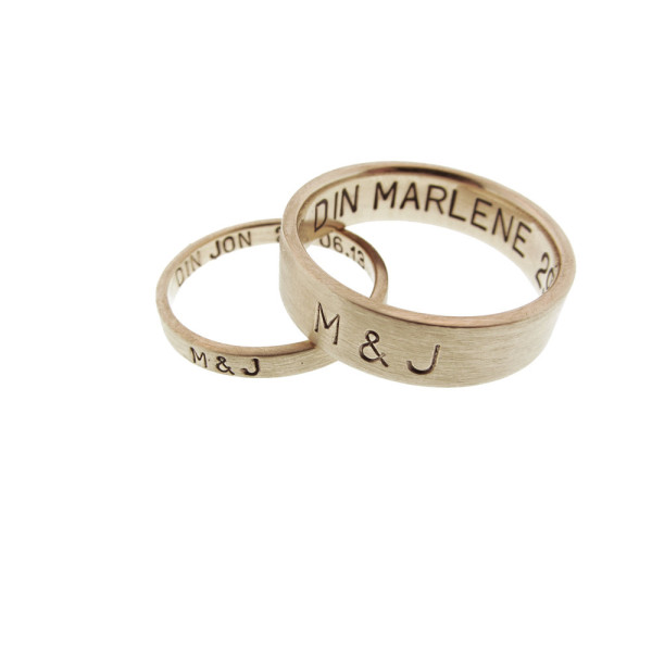Gold Ring Set - Personalized Wedding Bands - Hand Stamped Initials Monogram Wedding Date Personalized Engraved Couples Rings