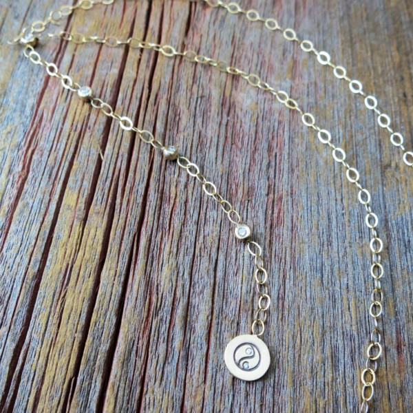Gold and Diamond Lariat Y Necklace Hand Crafted Bezel Set Diamond Satellite Chain Personalized Custom Engraved Artisan Designer Jewelry
