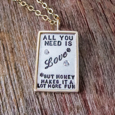 Gold and Silver Love Charm Necklace Hand Stamped Phrase Custom Personalized Rimmed Rectangle Pendant Engraved Artisan Handmade Fine Mom