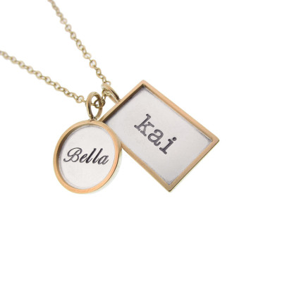 Gold and Silver Name Necklace Personalized Rimmed Pendants Custom Kid's Names Mommy Jewelry Engraved Artisan Handmade Fine Designer Unisex