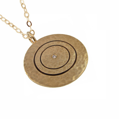 Hammered Gold Pendant Bull's Eye Necklace Diamond Bullseye Charm Personalized Custom Engraved Artisan Handmade Fine Designer Fashion