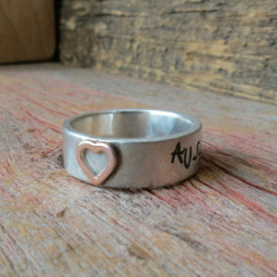 Handwriting on Ring Signature Engraving Sterling Silver Band with Gold Raised Accent Personalized Mommy Jewelry Hand Stamped Artisan