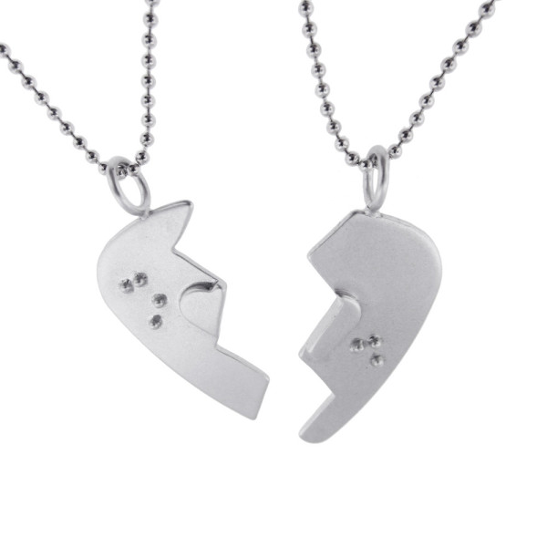 His & Hers Breakaway Heart Pendant Necklace with Braille Love Letters - Valentine's Day Gift for BFF