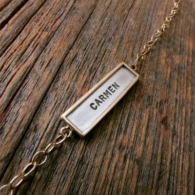 ID Tag Necklace Personalized Silver and Gold Skinny Nameplate Hand Stamped Name Custom Engraved Fine Artisan Handcrafted