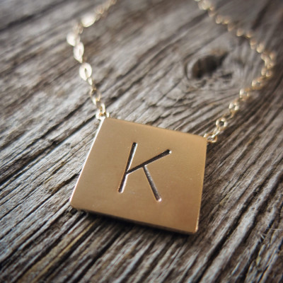 Initial Gold Square Charm Necklace Solid Gold Fine Letter Jewelry Hand Stamped Monogram Engraved Handcrafted Designer Women's Jewelry