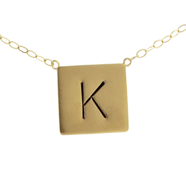 Initial Gold Square Charm Necklace Solid Gold Fine Letter Jewelry Hand Stamped Monogram Engraved Handcrafted Designer Women's Jewelry
