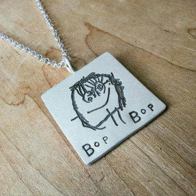 Kid's Drawing Engraved Silver Necklace Personalized Mommy or Daddy Sterling Child's Picture Handwriting Jewelry Hand Stamped Names Custom