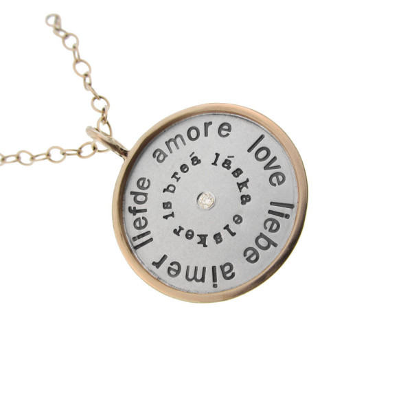 Language of Love Charm Necklace Hand Stamped Sterling Silver and Gold Rimmed with Diamond Pendant Custom Personalized Anniversary Jewelry