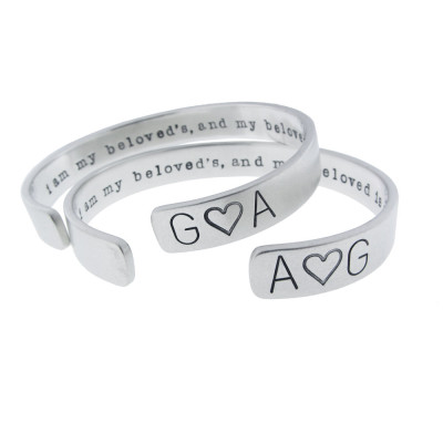 Matching Sterling Silver Bracelet Set - Hand Stamped Engraved Gift - His & Her Personalized Commitment Cuff Bracelets