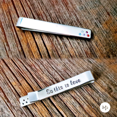 Men's Classic Style Silver Tie Bar Personalized with Family Birthstones Sterling Hand Stamped Message Custom Handmade Suit & Tie Dapper Man