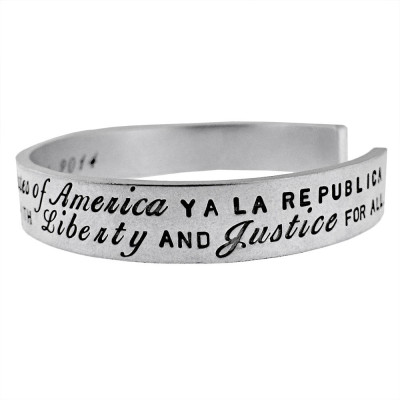 Men's Custom Cuff Bracelet Hand Stamped Location - Name - Secret Message - Multilingual Engraved English Spanish Pledge of Allegiance Patriotic