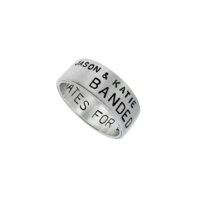 Men's Silver Wedding Band with Hand Stamped Names Date Vows Engraved Secret Message on the Inside of the Ring Spring Wedding Jewelry