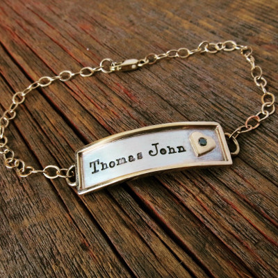Mixed Metal Gold ID Bracelet with Diamond Accent Personalized Mommy Dad Jewelry Hand Stamped Names Raised Accent Custom Engraved Fine