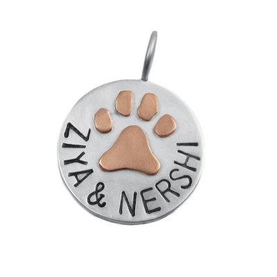 Mixed Metal Paw Print Charm Hand Stamped Pet Name Jewelry Custom Gold Paw Print on Sterling Silver Pendant Personalized Engraved Fine
