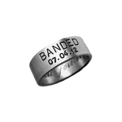 Modern White Gold Duck Band Hand Stamped Wedding Date Custom Personalized Ring Engraved Artisan Handmade Fine Designer Fashion Unisex