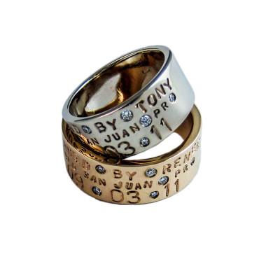 Personalized Gold Wedding Ring Set Diamonds Custom Unique Engraved Couples Message Band His & Hers Hand Stamped Handcrafted Fine Jewelry