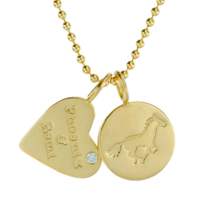 Personalized 18K Gold Diamond Necklace Equestrian Horse Charm Custom Hand Stamped Engraved Artisan Handmade Fine Designer Fashion Jewelry