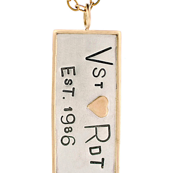 Personalized Pendant on Solid Gold Cable Chain - Custom 38mm x 16mm Charm Rectangle with Gold Puffed Heart